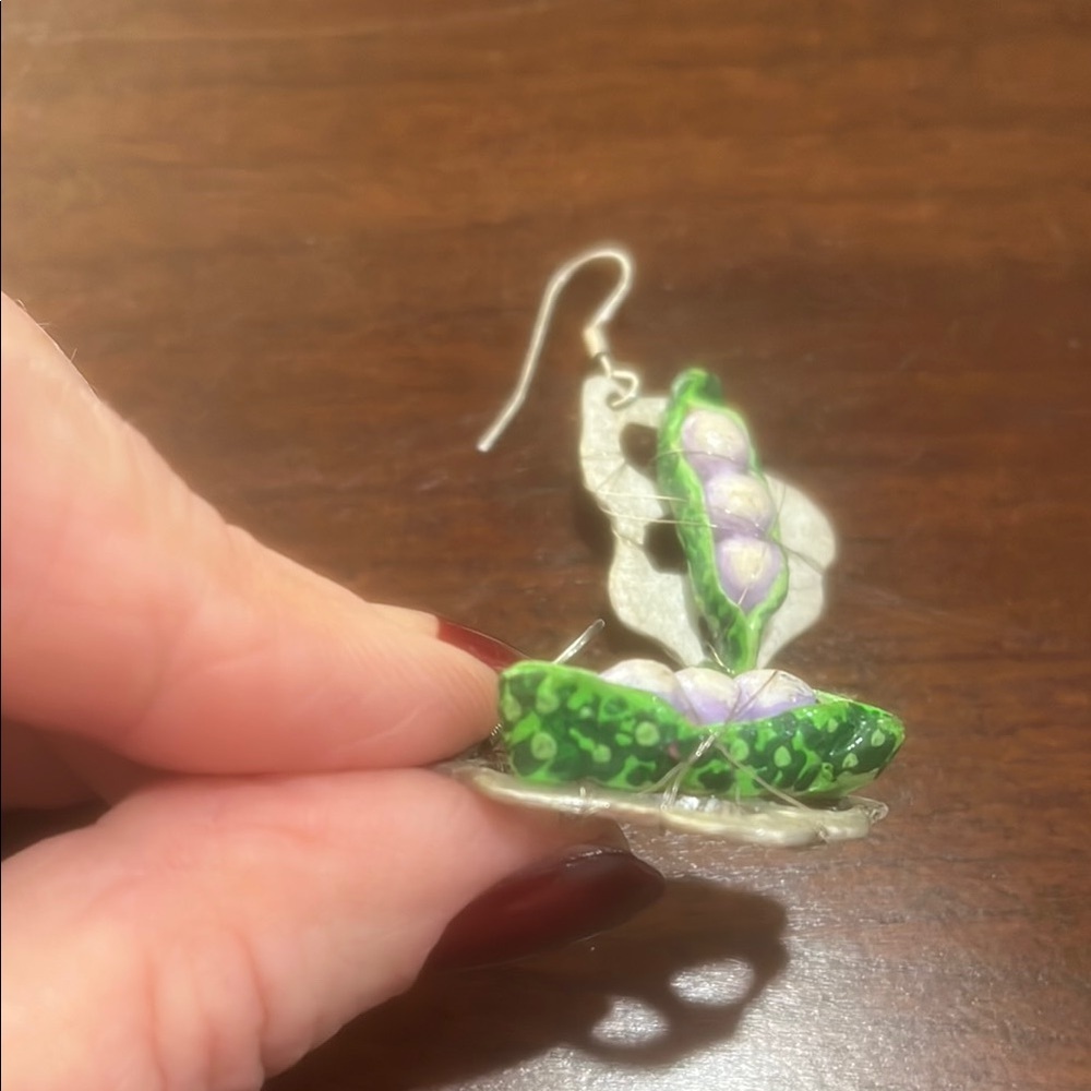 Handcrafted Green and Purple Pea Pod Earrings - Picture 3 of 3